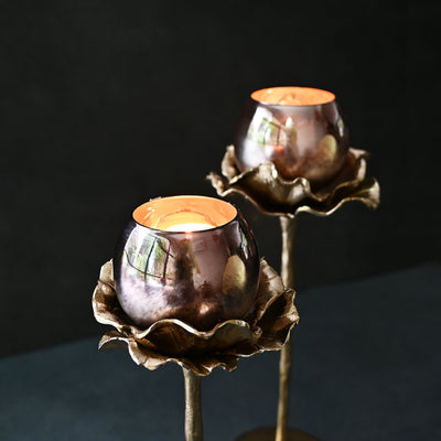 Floral Glass Votive on Stand Pair