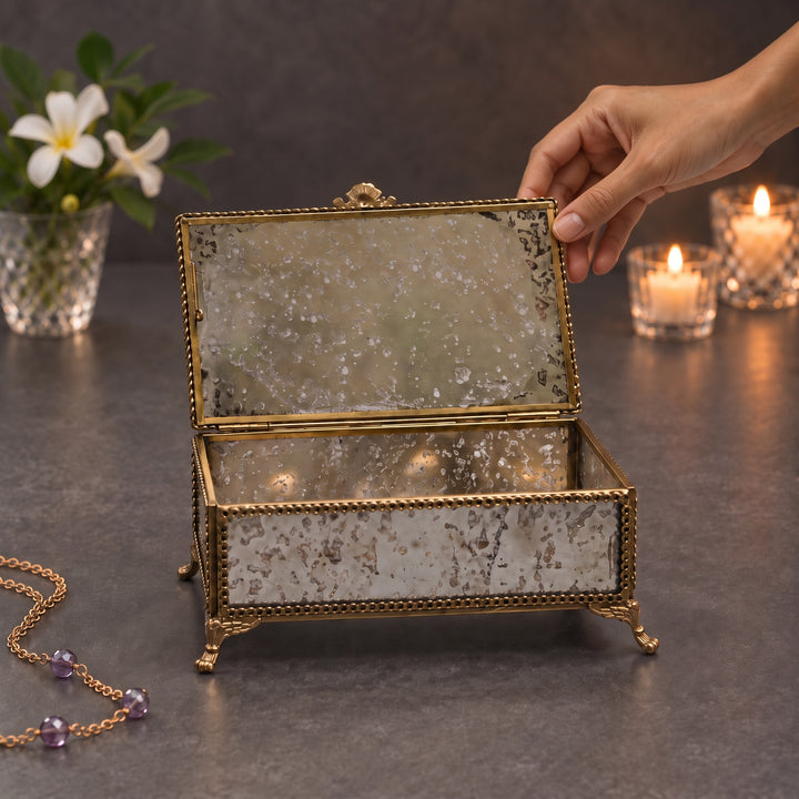 Glass Jewellery Box with Brass Trim Rectangular
