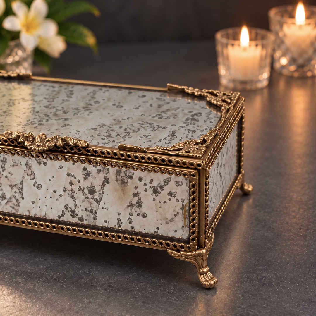 Glass Jewellery Box with Brass Trim Rectangular