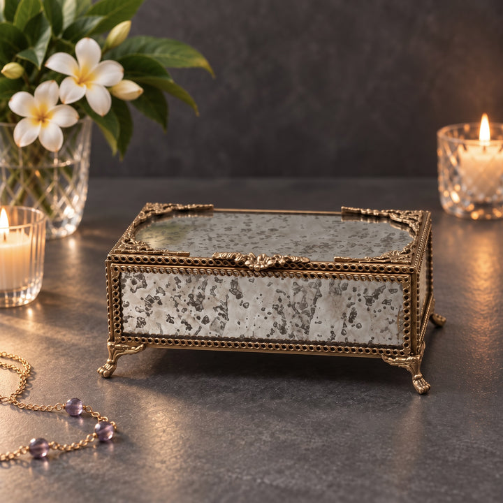 Glass Jewellery Box with Brass Trim Rectangular
