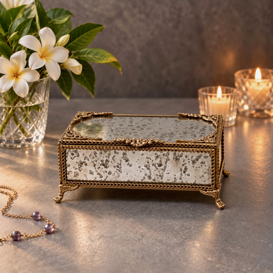 Glass Jewellery Box with Brass Trim Rectangular