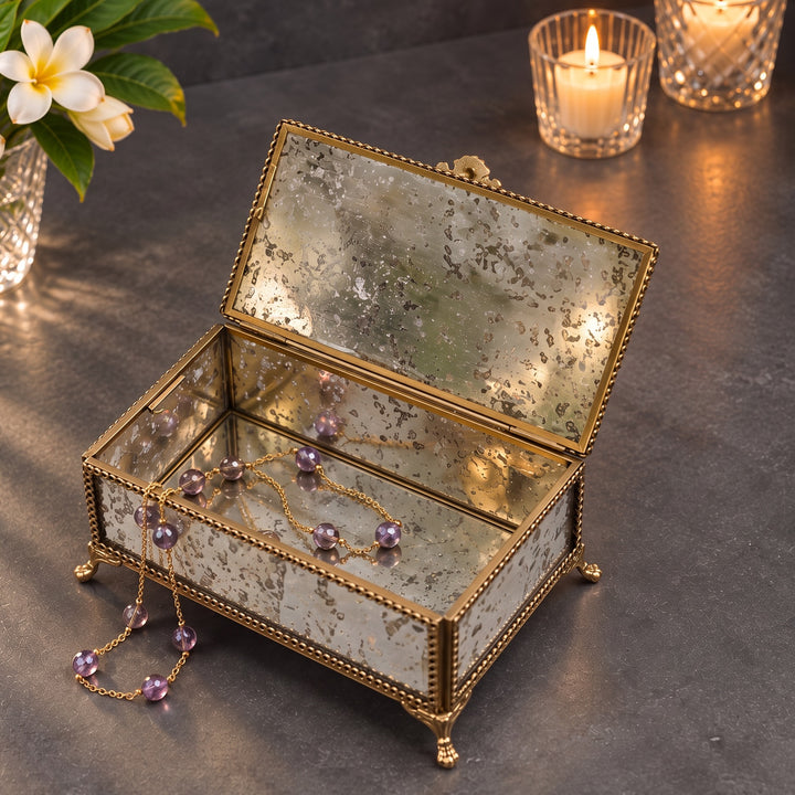 Glass Jewellery Box with Brass Trim Rectangular