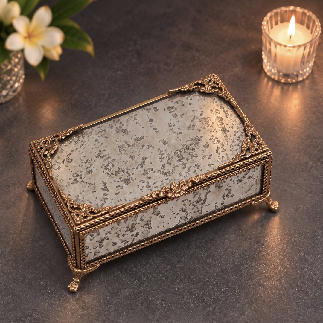 Glass Jewellery Box with Brass Trim Rectangular