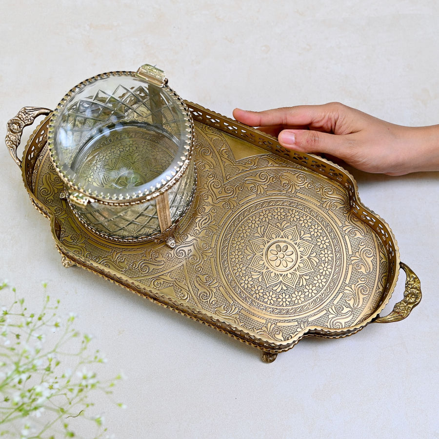 Gold Brass Etched Serving Tray with Handles – Elegant Home Décor – Mora ...