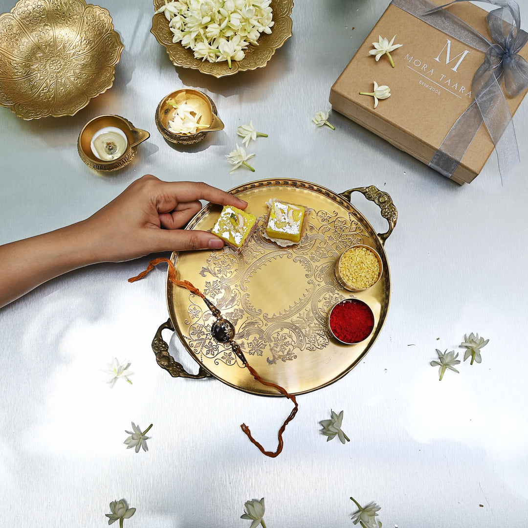Decorative antique gold tray with  with etched detailing and side handles