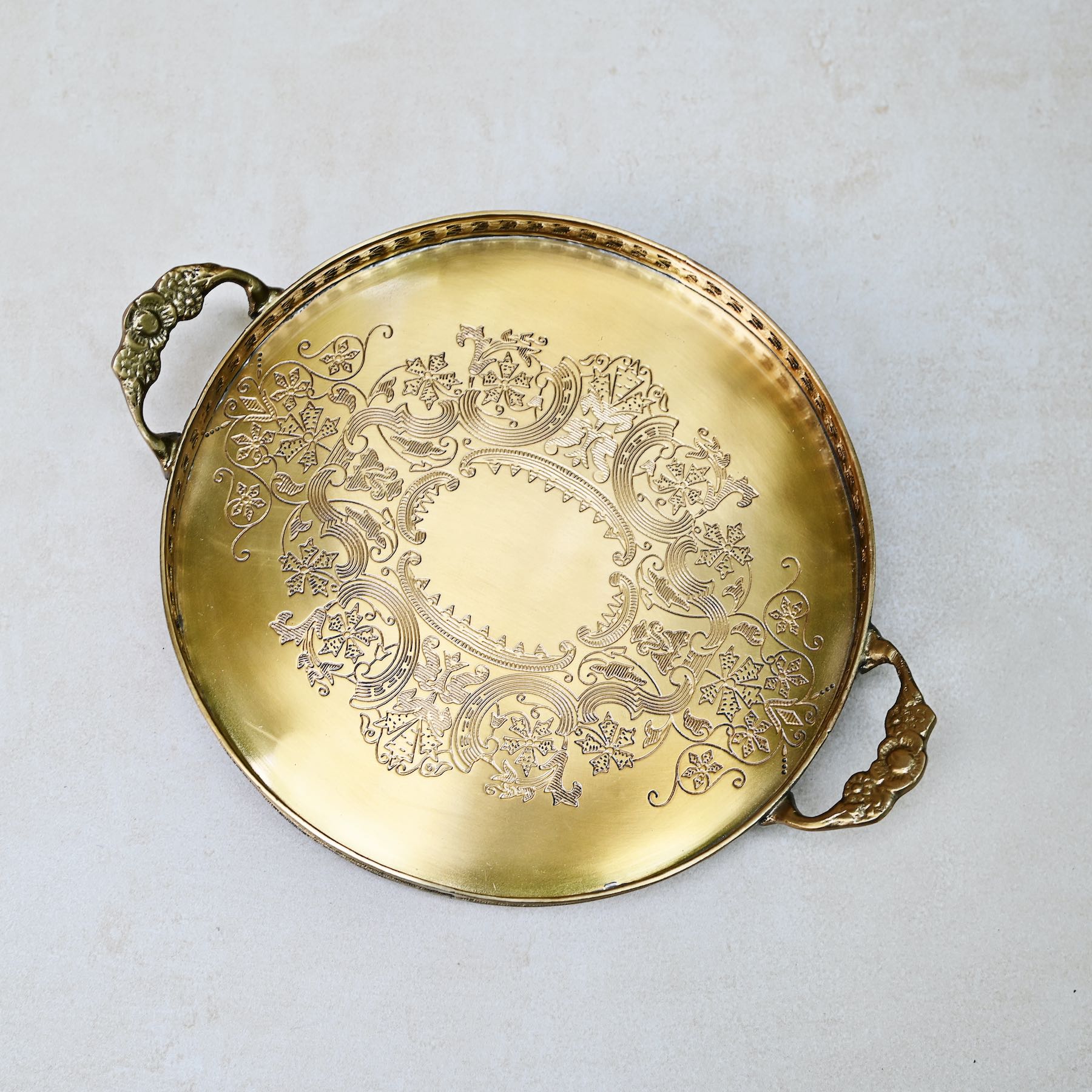 Gold Round Brass Serving Tray with Handles – Antique Finish Decor