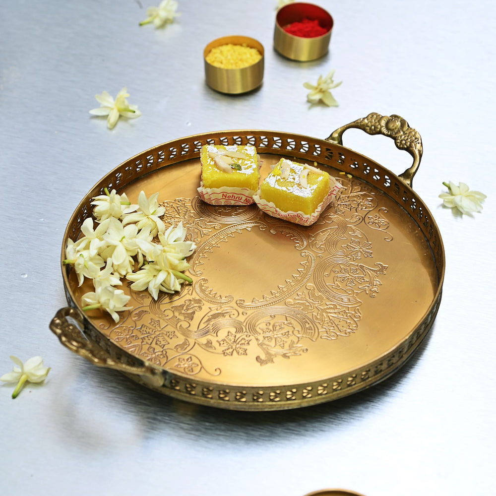 Decorative antique gold tray with  with etched detailing and side handles