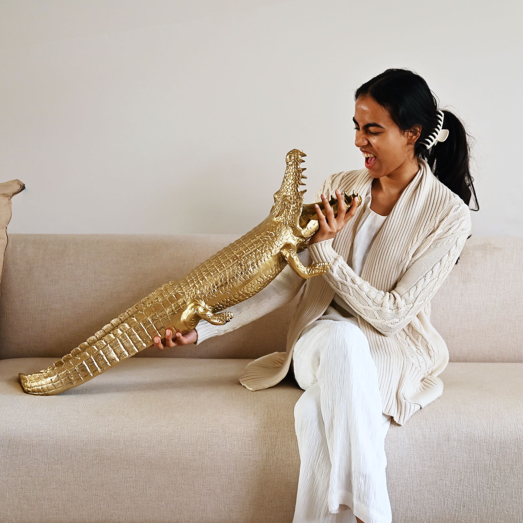 Gold Crocodile Sculpture – Luxury Home Accent – Mora Taara
