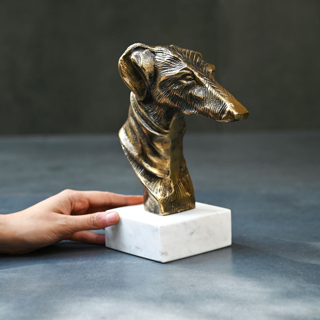 Antique brass greyhound sculpture on marble base