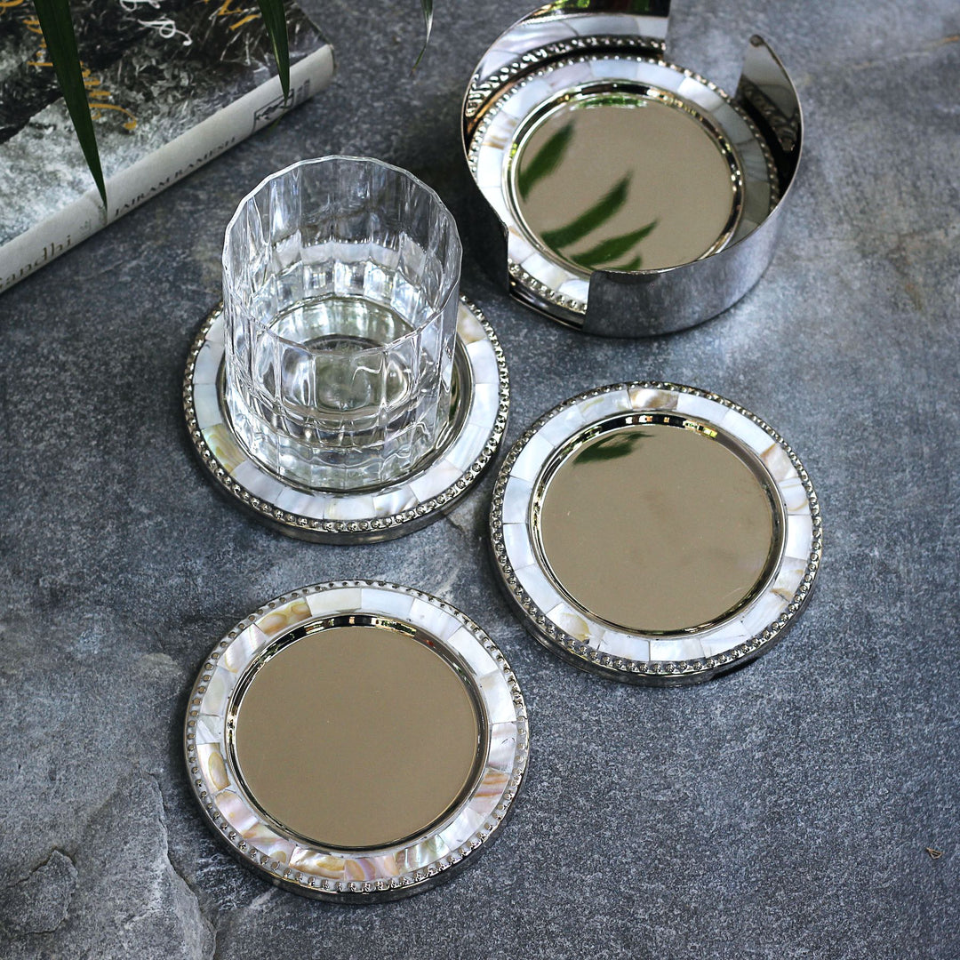 round brass and mother of pearl coasters set