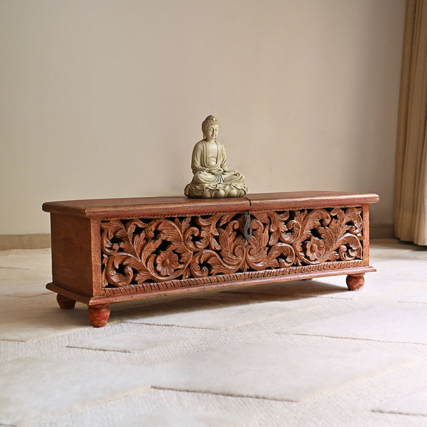 wooden chest for storage with hand carvings