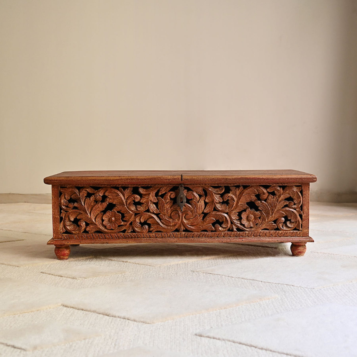 wooden chest for storage with hand carvings