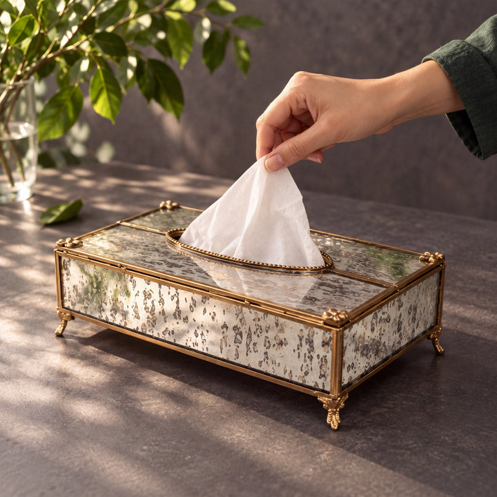 Glass Tissue Box with Brass Trim Rectangular