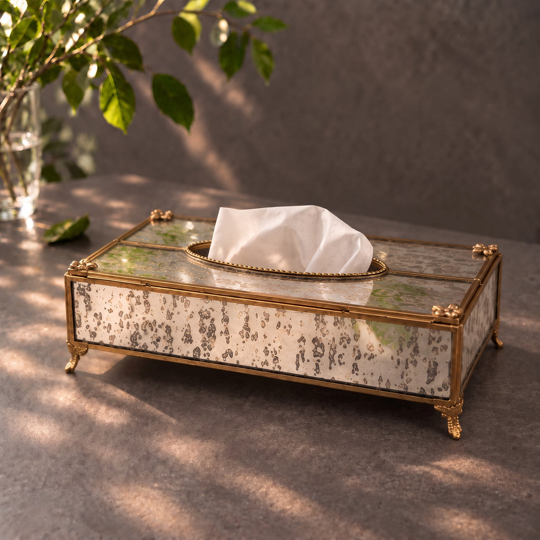 Glass Tissue Box with Brass Trim Rectangular