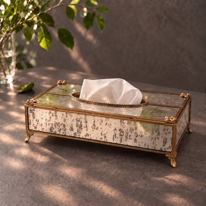 Glass Tissue Box with Brass Trim Rectangular