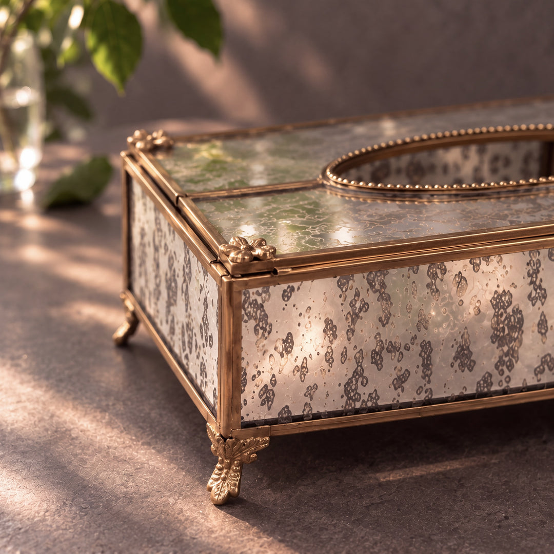 Glass Tissue Box with Brass Trim Rectangular