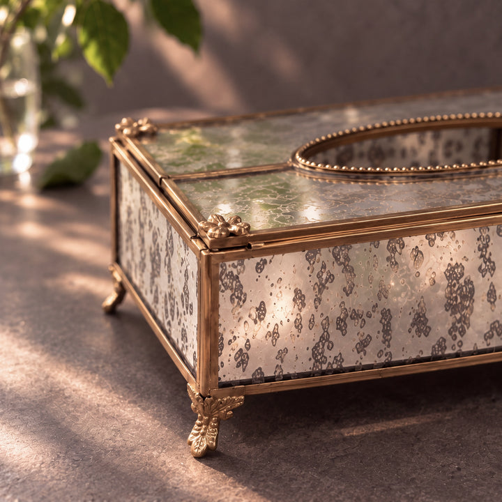 Glass Tissue Box with Brass Trim Rectangular