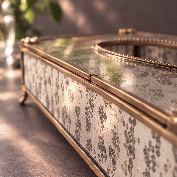 Glass Tissue Box with Brass Trim Rectangular