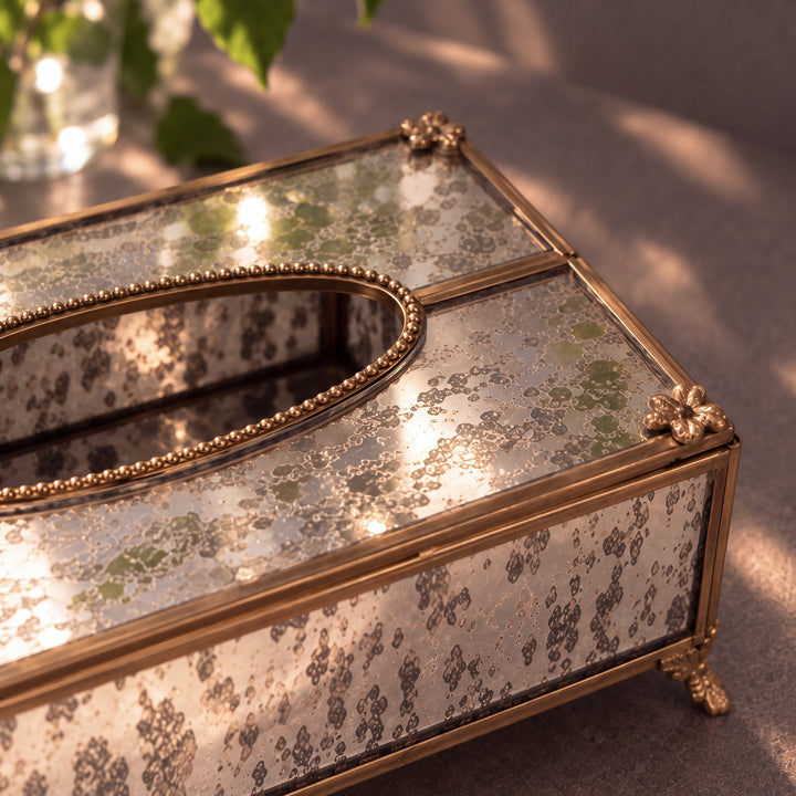 Glass Tissue Box with Brass Trim Rectangular