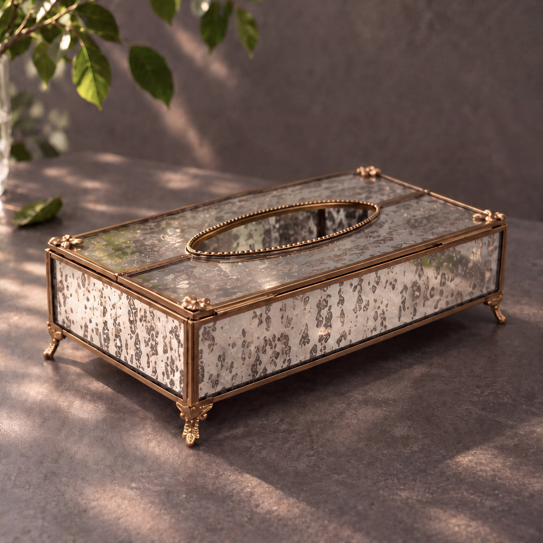 Glass Tissue Box with Brass Trim Rectangular
