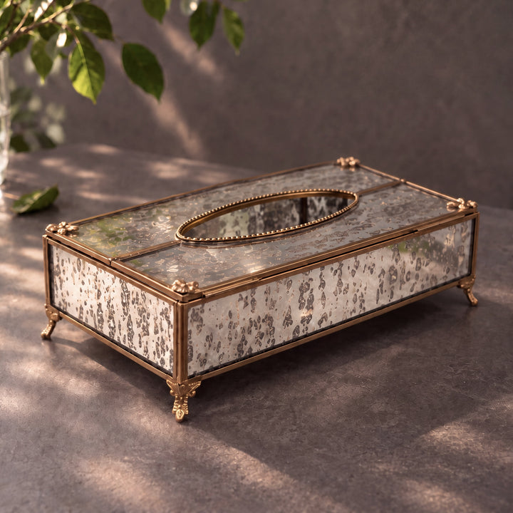 Glass Tissue Box with Brass Trim Rectangular