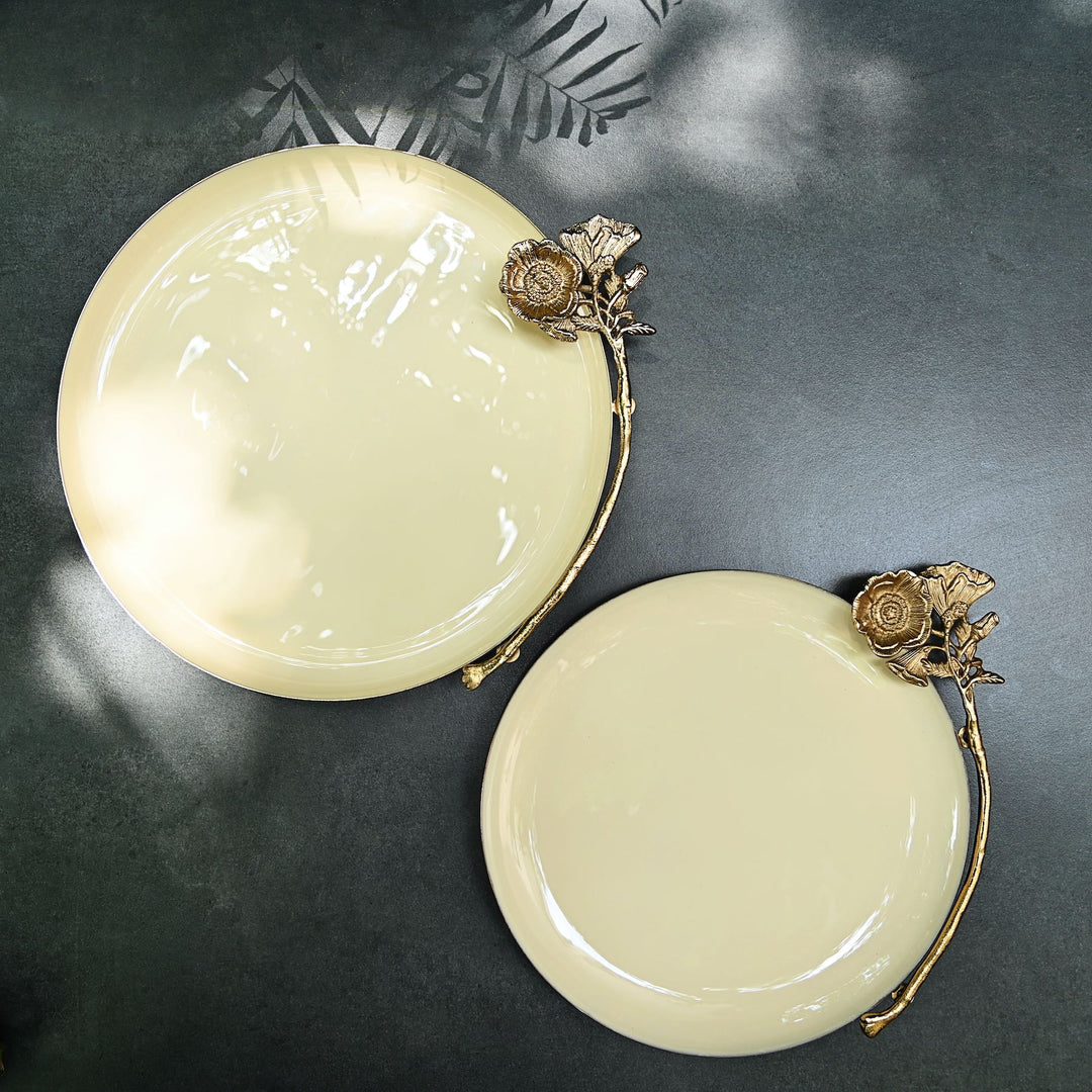 Round White Tray with Golden Flower