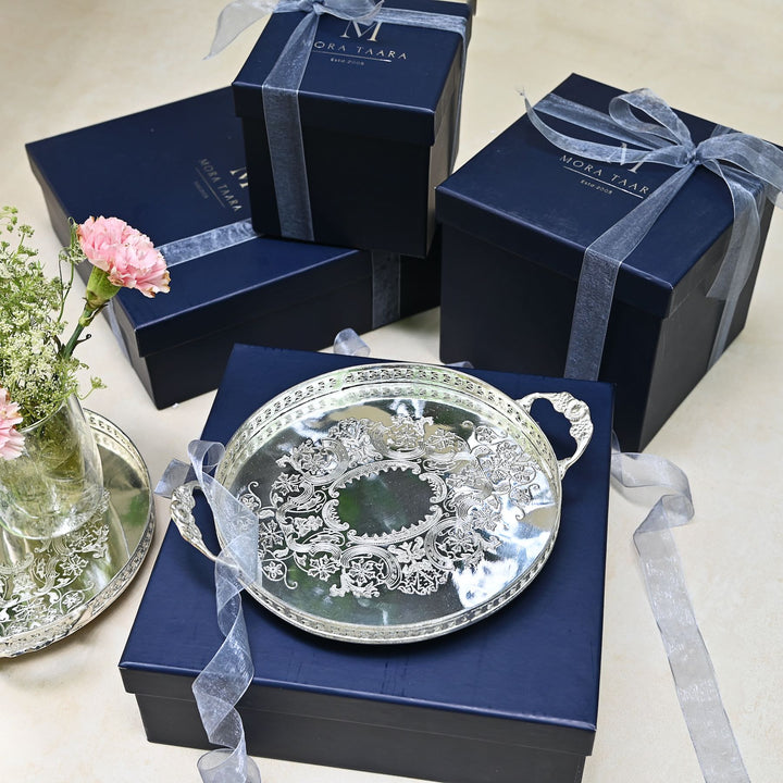 Antique silver round brass tray with gift box