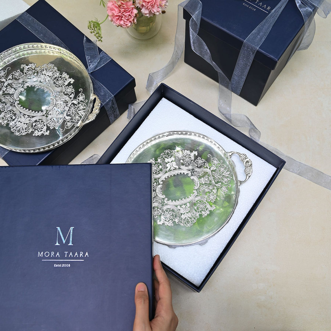 Silver Round Brass Tray with Handles