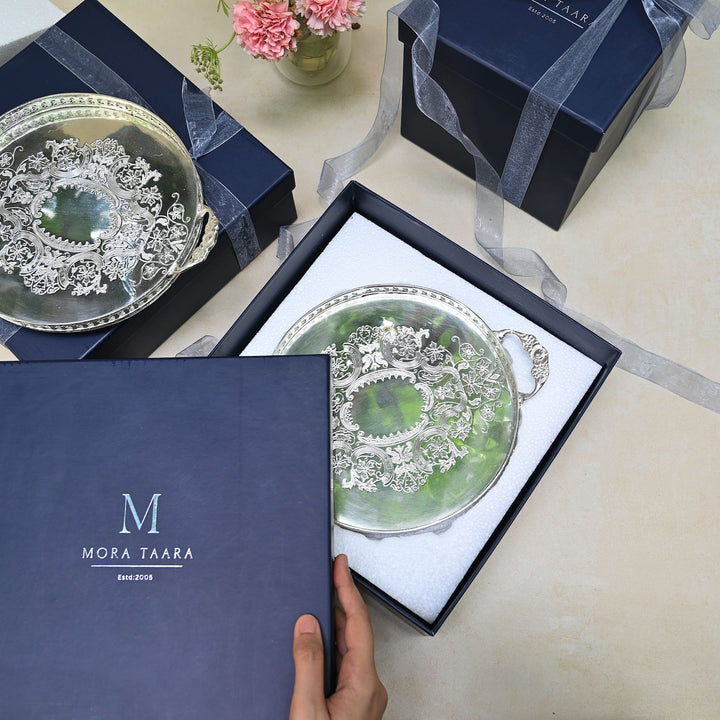 Silver Round Brass Tray with Handles