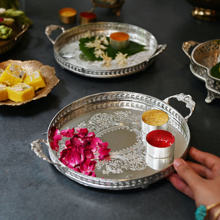 Antique silver round brass tray with etched detailing and side handles