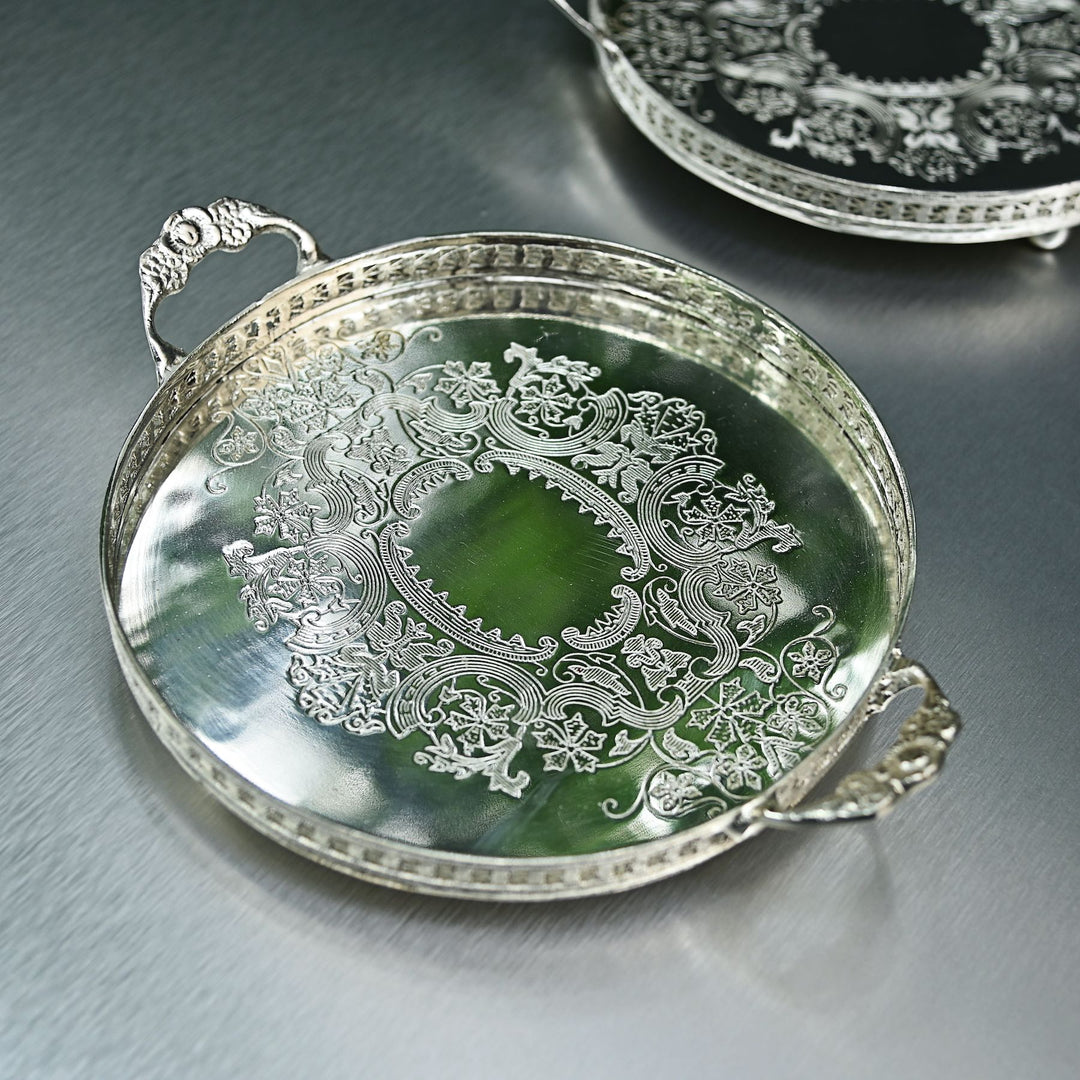 Silver Round Brass Tray with Handles