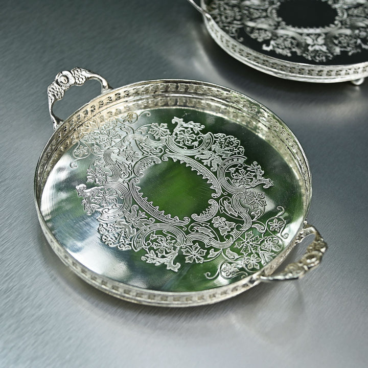 Silver Round Brass Tray with Handles
