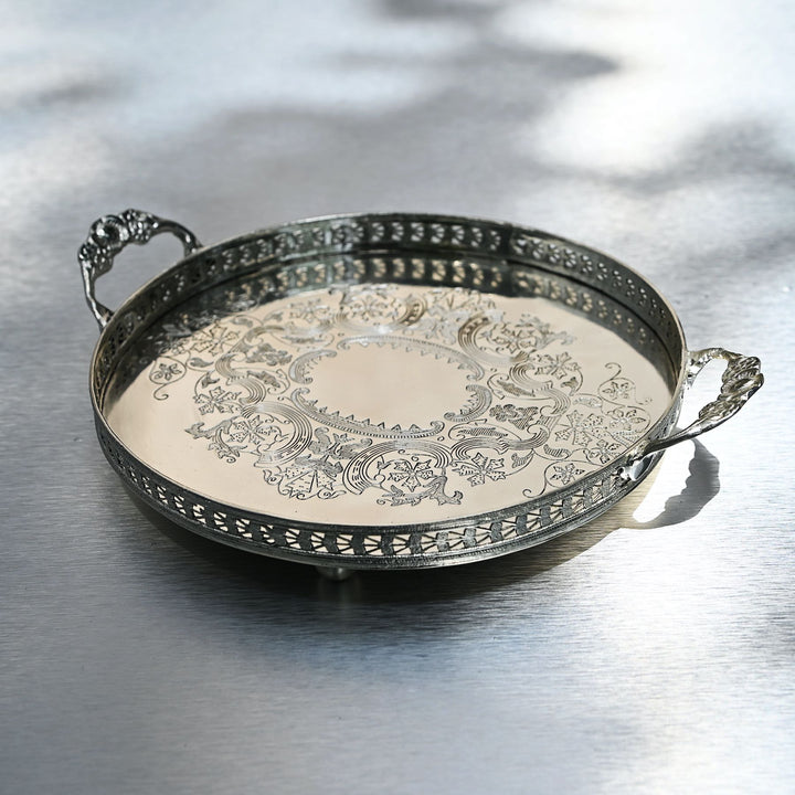 Antique silver round brass tray with etched detailing and side handles