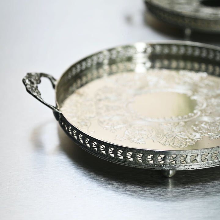 Silver Round Brass Tray with Handles