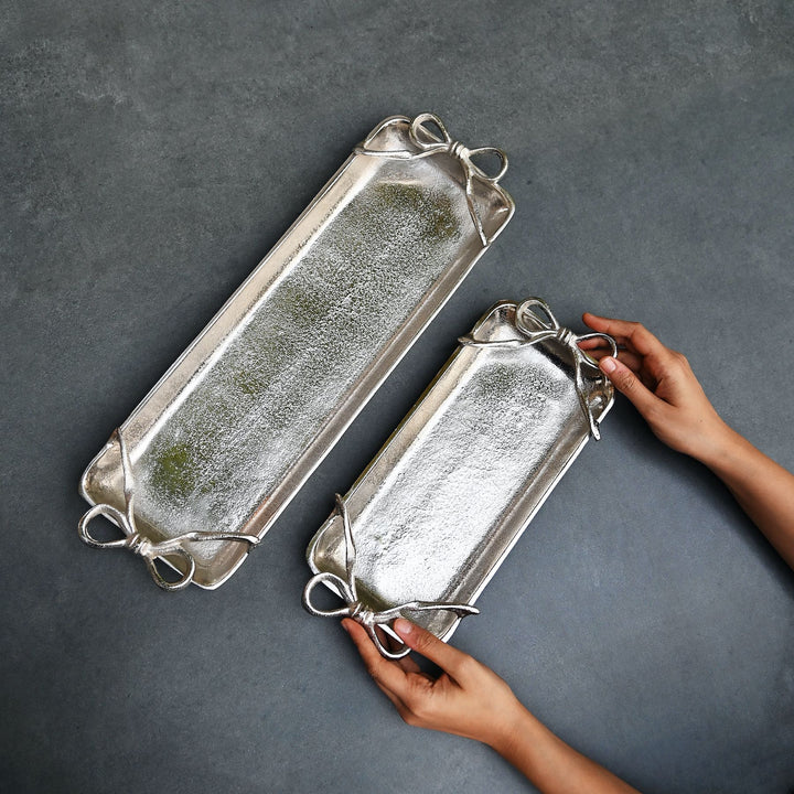 long silver tray with bow handles