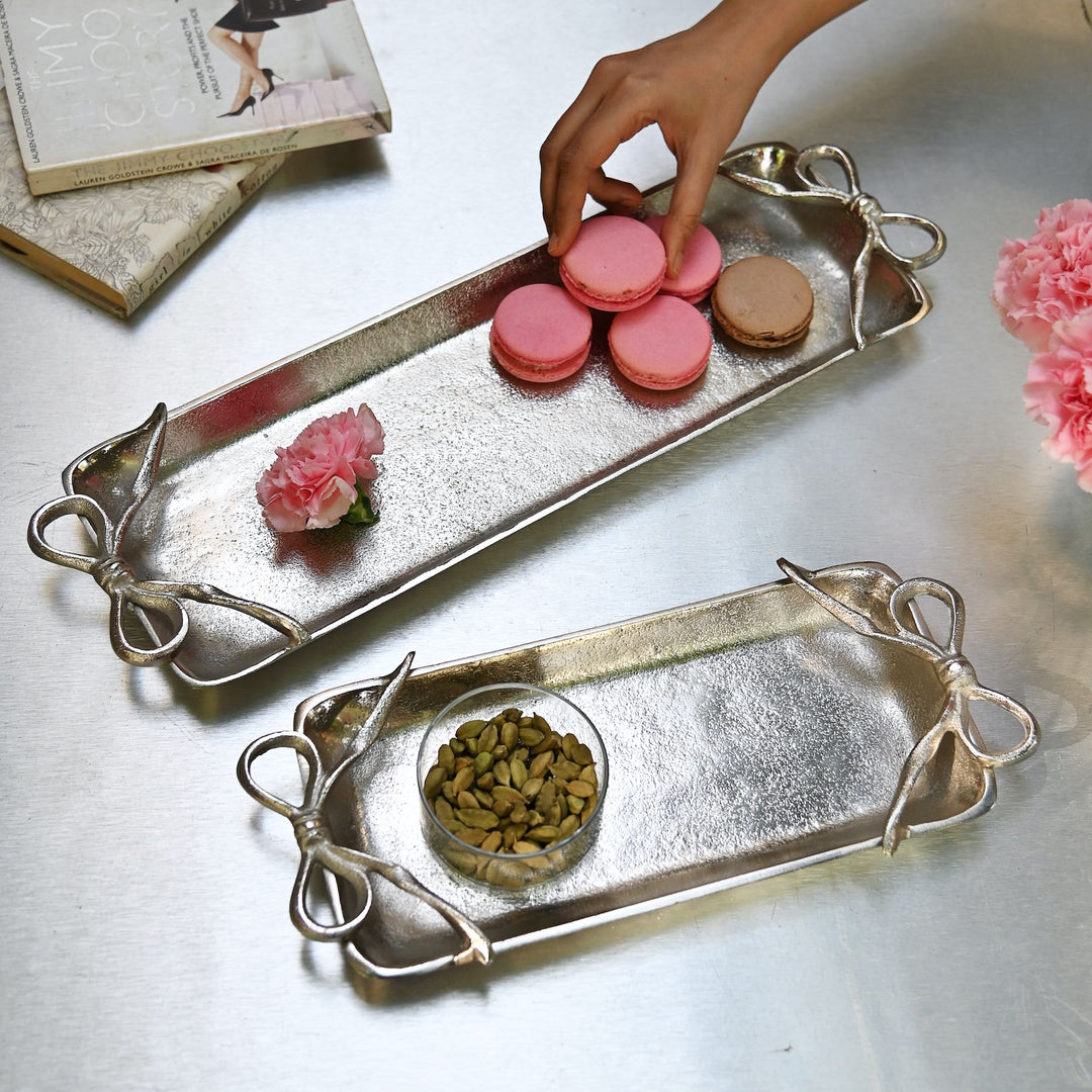 long silver tray with bow handles