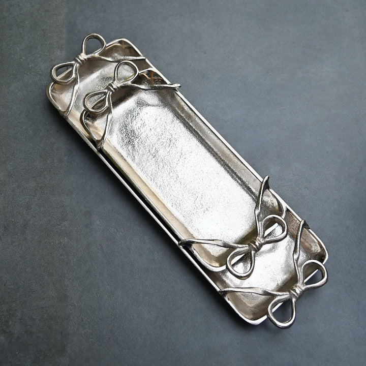 long silver tray with bow handles