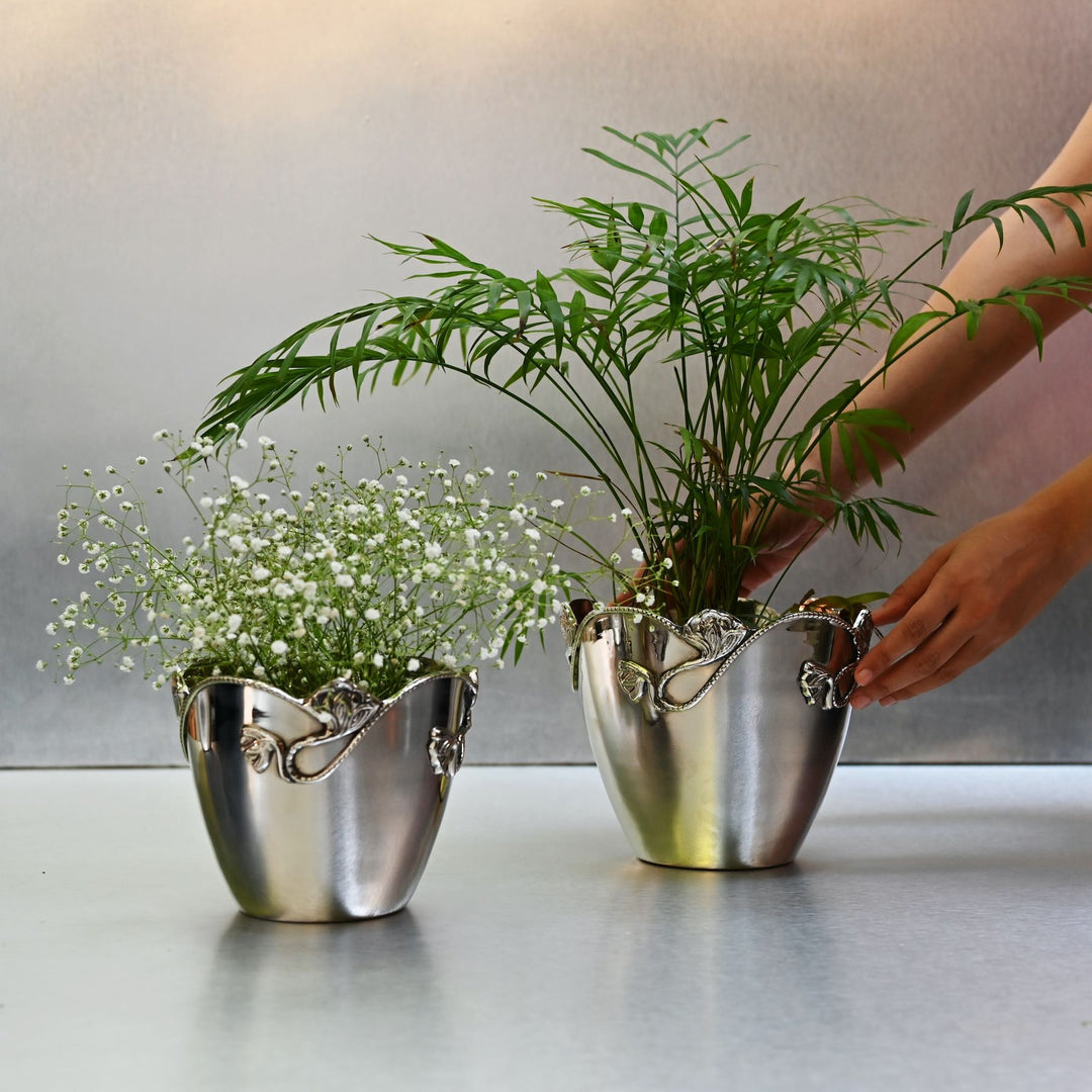 stainless steel indoor plant pots Tapered Brass Planters with Stainless Steel Finish – Mora Taara