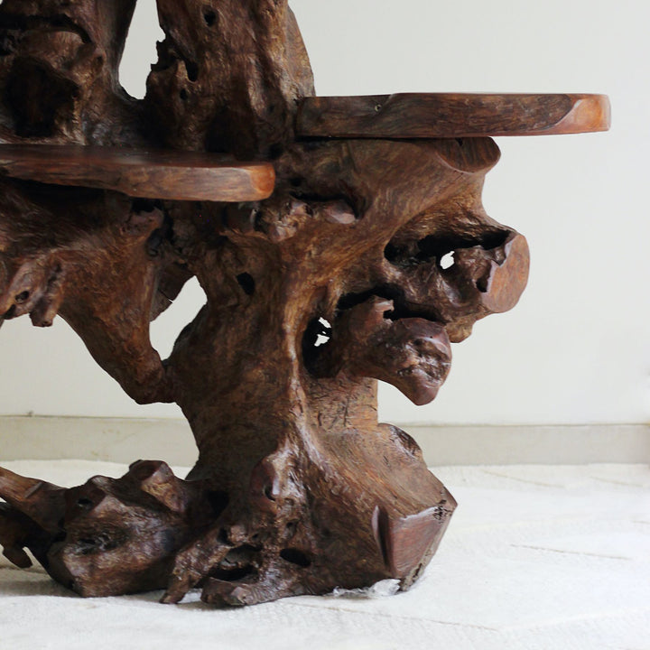 Layered teak root display stand for décor or plants.