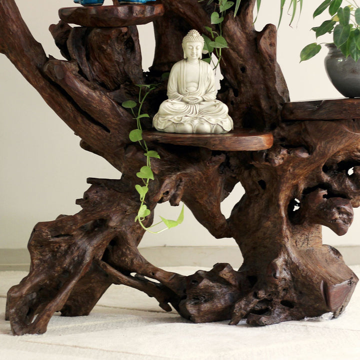 White Buddha statue on a wooden root sculpture with greenery