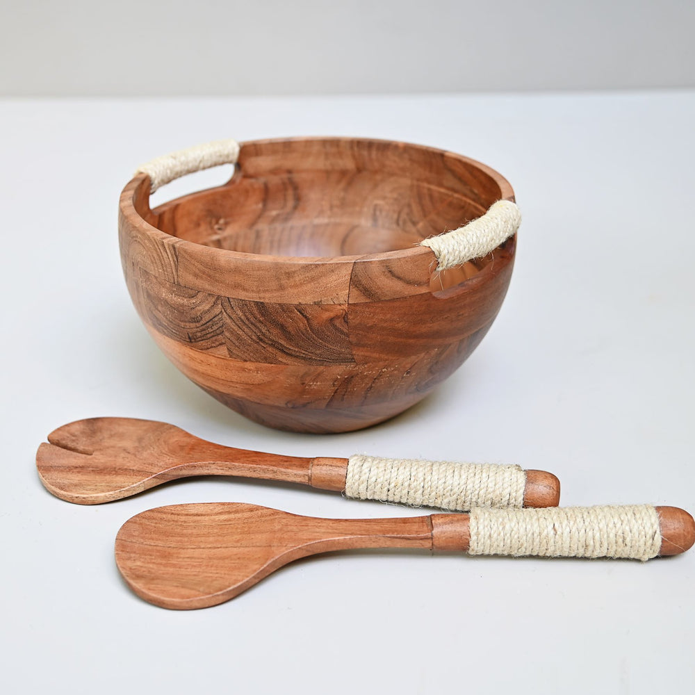 wooden salad bowl with spoon & fork