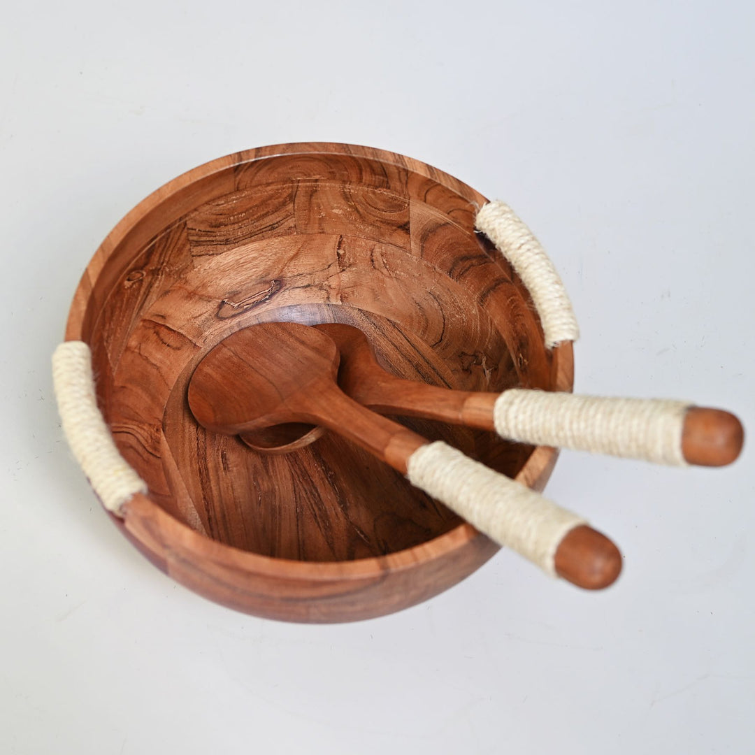 wooden salad bowl with spoon & fork