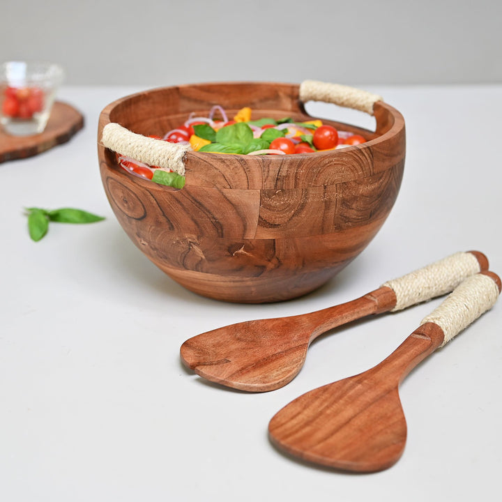 wooden salad bowl with spoon & fork