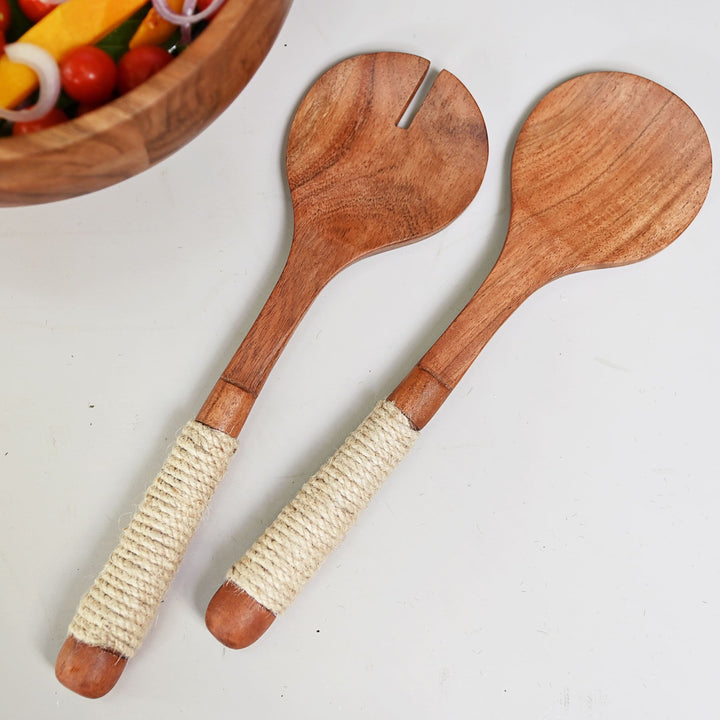 wooden salad bowl with spoon & fork