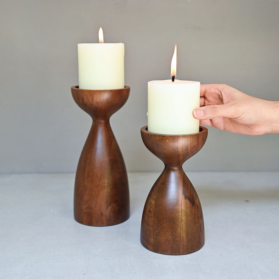 wooden pillar candle holder pair