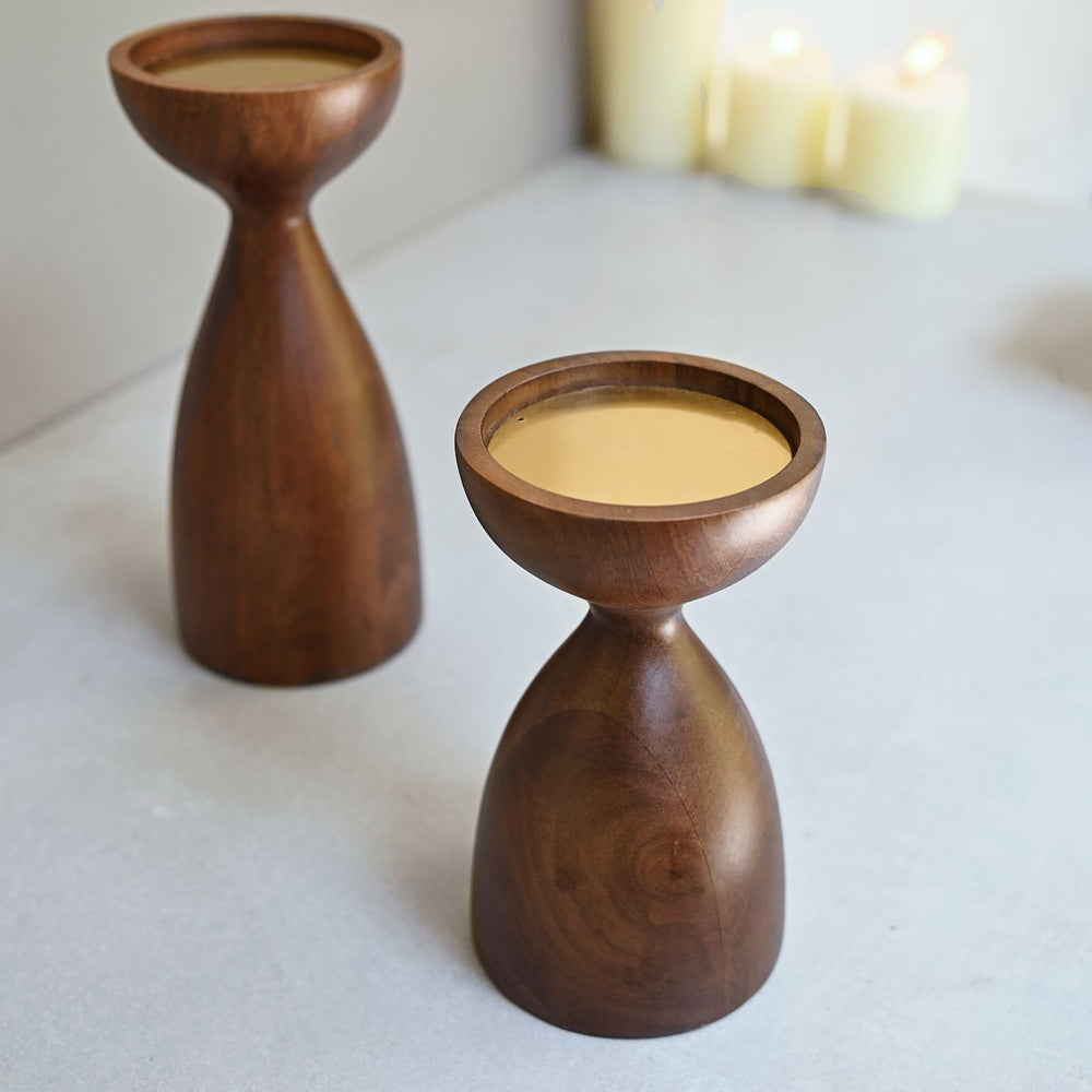 wooden pillar candle holder pair