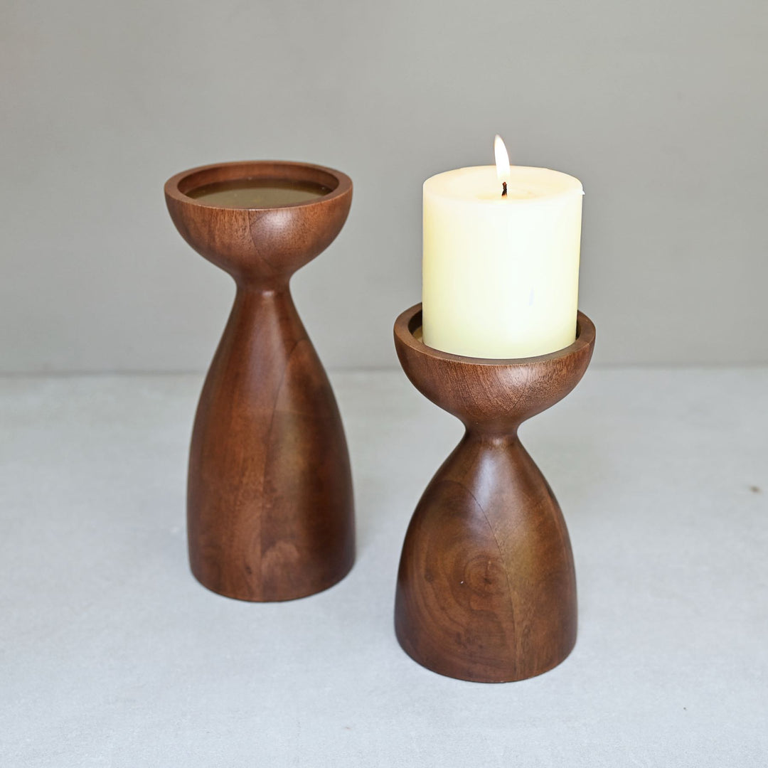 wooden pillar candle holder pair