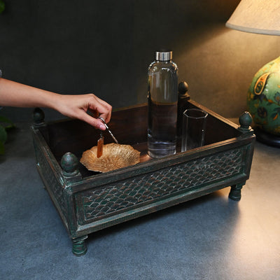 wooden storage tray with legs