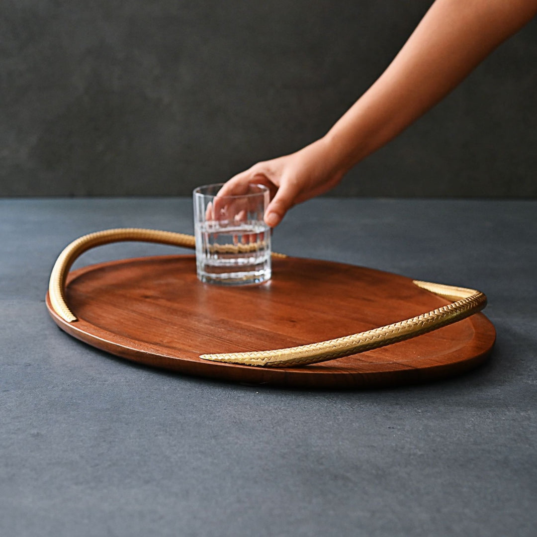 oval wooden tray with golden handles