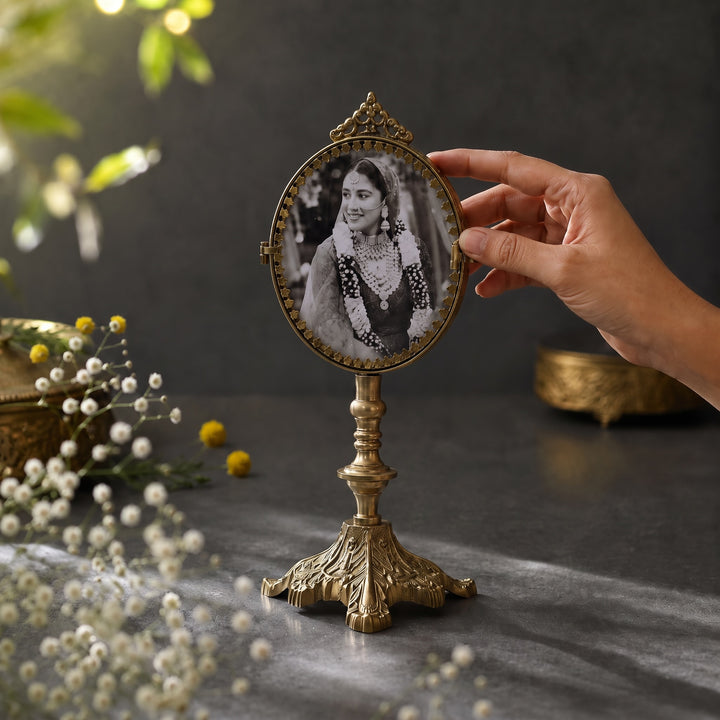 Double-Sided Round Brass Photo Frame on Stand